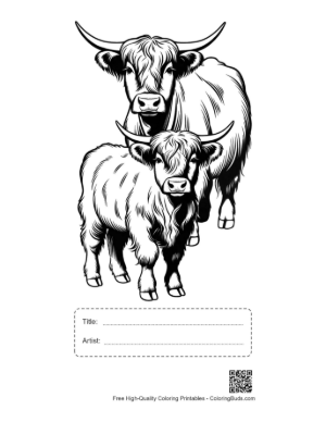 Thumbnail: Highland Cow and Calf Line Art Printable with Title and Artist Box