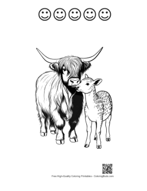 Thumbnail: Highland Cow and Calf Nuzzling Affectionately Printable and 5 Happy Face Outline