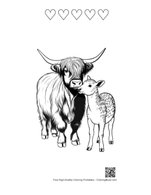Thumbnail: Highland Cow and Calf Nuzzling Affectionately Printable and 5 Heart Outline