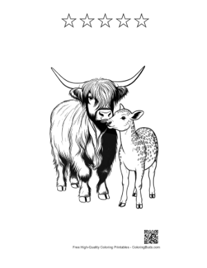 Thumbnail: Highland Cow and Calf Nuzzling Affectionately Printable and 5 Star Outline