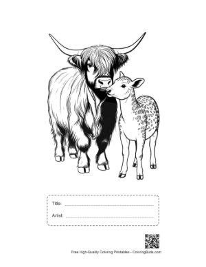 Thumbnail: Highland Cow and Calf Nuzzling Affectionately Printable with Title and Artist Box
