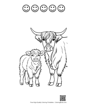Thumbnail: Highland Cow and Calf Outline Drawing Printable and 5 Happy Face Outline