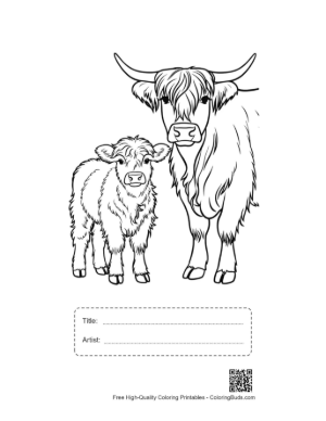 Thumbnail: Highland Cow and Calf Outline Drawing Printable with Title and Artist Box