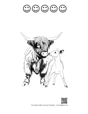 Thumbnail: Highland Cow and Fawn in Gentle Embrace Printable and 5 Happy Face Outline