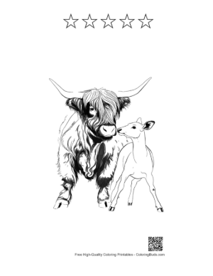 Thumbnail: Highland Cow and Fawn in Gentle Embrace Printable and 5 Star Outline