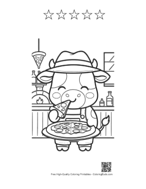Thumbnail: Holstein Cow Eating a Slice of Pizza in the Kitchen Printable and 5 Star Outline