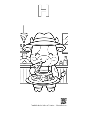 Thumbnail: Holstein Cow Eating a Slice of Pizza in the Kitchen Printable Outline Alphabet H