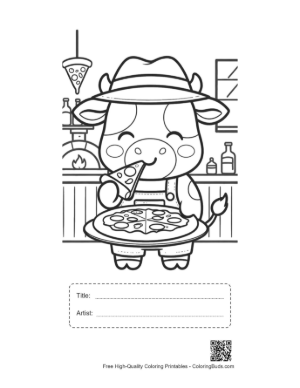 Thumbnail: Holstein Cow Eating a Slice of Pizza in the Kitchen Printable with Title and Artist Box
