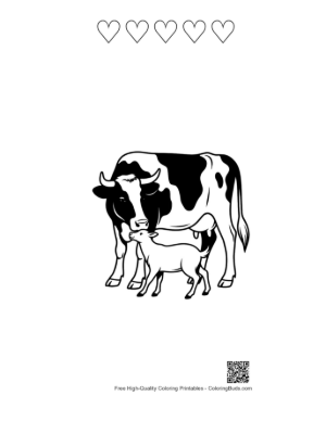 Thumbnail: Holstein Cow Nurturing Her Calf Printable and 5 Heart Outline