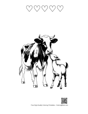 Thumbnail: Holstein Cow Tenderly Nuzzling Baby Goat Printable and 5 Heart Outline