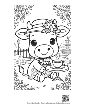 Thumbnail: Holstein Cow Wearing a Sun Hat at a Tea Party Printable