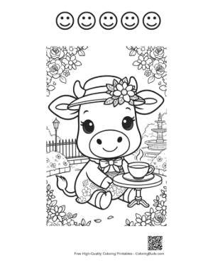 Thumbnail: Holstein Cow Wearing a Sun Hat at a Tea Party Printable and 5 Happy Face Outline