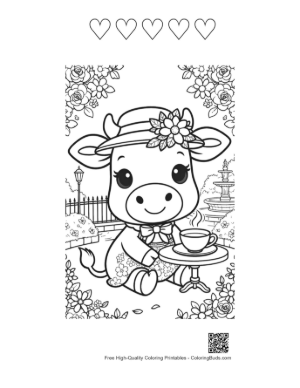 Thumbnail: Holstein Cow Wearing a Sun Hat at a Tea Party Printable and 5 Heart Outline