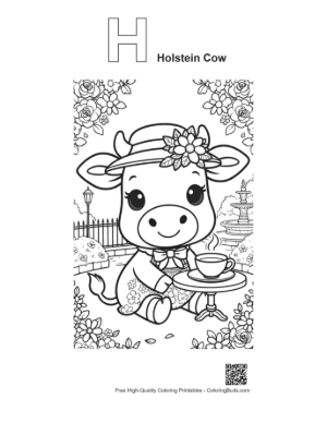 Thumbnail: Holstein Cow Wearing a Sun Hat at a Tea Party Printable Outline Alphabet H Holstein Cow