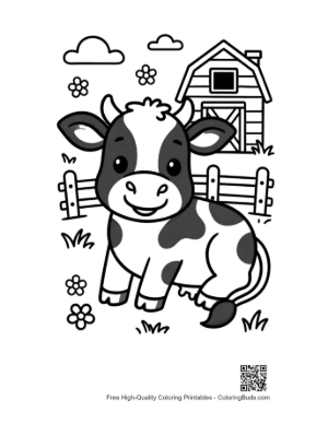 Thumbnail: Sweet Baby Cow Standing in Front of a Big Barn Printable