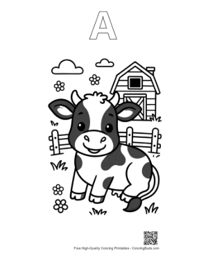 Thumbnail: Sweet Baby Cow Standing in Front of a Big Barn Printable Outline Alphabet A