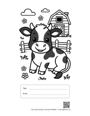 Thumbnail: Sweet Baby Cow Standing in Front of a Big Barn Printable with Title and Artist Box