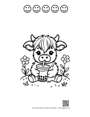 Thumbnail: Sweet Baby Highland Cow with a Delicious Boba Drink Printable and 5 Happy Face Outline
