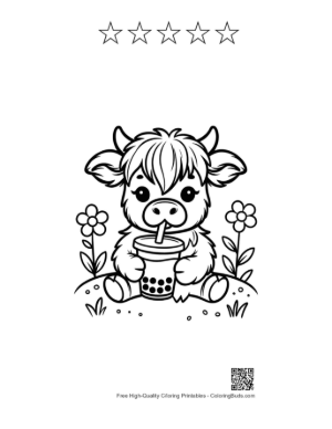 Thumbnail: Sweet Baby Highland Cow with a Delicious Boba Drink Printable and 5 Star Outline