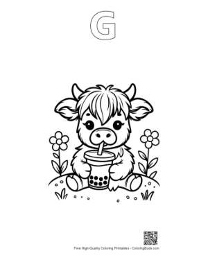Thumbnail: Sweet Baby Highland Cow with a Delicious Boba Drink Printable Outline Alphabet G