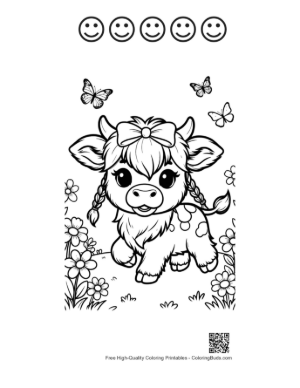 Thumbnail: Sweet Baby Highland Cow with Flowers in Its Hair Printable and 5 Happy Face Outline