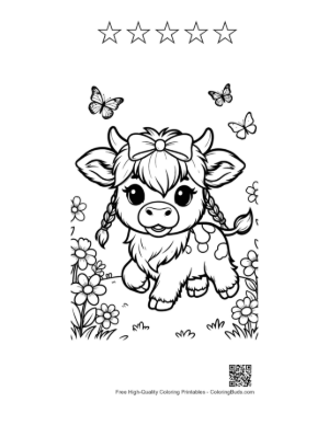 Thumbnail: Sweet Baby Highland Cow with Flowers in Its Hair Printable and 5 Star Outline