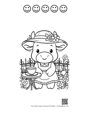 Thumbnail: Sweet Cow in a Dress Enjoying Tea in the Garden Printable and 5 Happy Face Outline