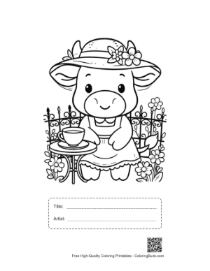 Thumbnail: Sweet Cow in a Dress Enjoying Tea in the Garden Printable with Title and Artist Box