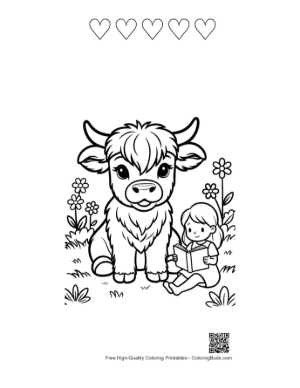 Thumbnail: Sweet Highland Cattle Calf Playing with a Child Printable and 5 Heart Outline