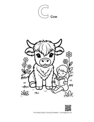 Thumbnail: Sweet Highland Cattle Calf Playing with a Child Printable Outline Alphabet C Cow