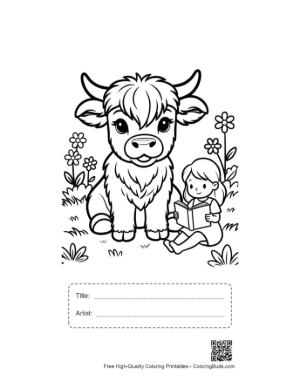 Thumbnail: Sweet Highland Cattle Calf Playing with a Child Printable with Title and Artist Box