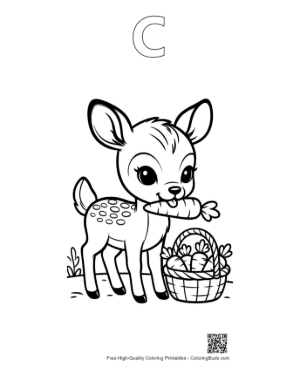 Thumbnail: Adorable Baby Deer Holding a Basket of Treats Printable Outline Alphabet C
