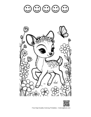 Thumbnail: Adorable Deer with Flowers and Butterflies in the Field Printable and 5 Happy Face Outline