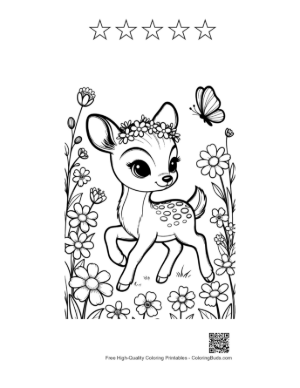 Thumbnail: Adorable Deer with Flowers and Butterflies in the Field Printable and 5 Star Outline