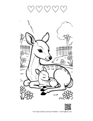 Thumbnail: Adorable Fawn Snuggling with a Large Deer in the Grass Printable and 5 Heart Outline