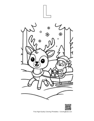 Thumbnail: Buck with Antlers Pulling a Sled with a Friendly Passenger Printable Outline Alphabet L