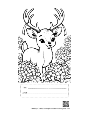 Thumbnail: Buck with Antlers Surrounded by Beautiful Garden Flowers Printable with Title and Artist Box