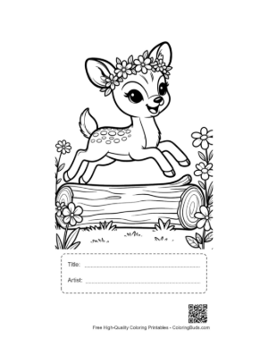 Thumbnail: Cute Baby Deer Jumping Over a Fallen Log Printable with Title and Artist Box
