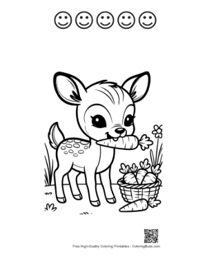 Thumbnail: Cute Baby Deer with a Basket of Spring Flowers Printable and 5 Happy Face Outline