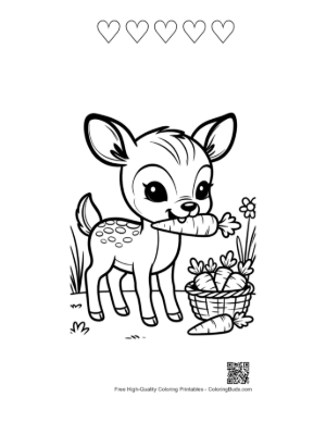 Thumbnail: Cute Baby Deer with a Basket of Spring Flowers Printable and 5 Heart Outline