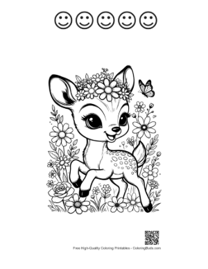 Thumbnail: Cute Baby Fawn Wearing a Beautiful Flower Crown Printable and 5 Happy Face Outline
