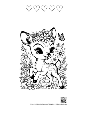 Thumbnail: Cute Baby Fawn Wearing a Beautiful Flower Crown Printable and 5 Heart Outline