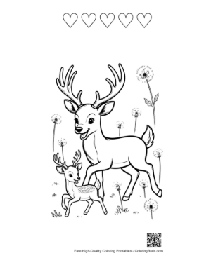 Thumbnail: Cute Buck with Antlers Coloring Sheet Printable and 5 Heart Outline