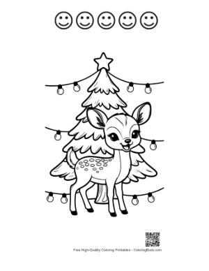 Thumbnail: Cute Deer Standing by a Tree with Christmas Lights Printable and 5 Happy Face Outline