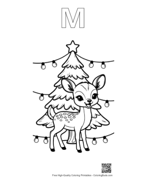 Thumbnail: Cute Deer Standing by a Tree with Christmas Lights Printable Outline Alphabet M