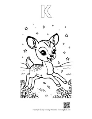 Thumbnail: Cute Fawn Exploring Nature Under a Starry Sky Printable Outline Alphabet K