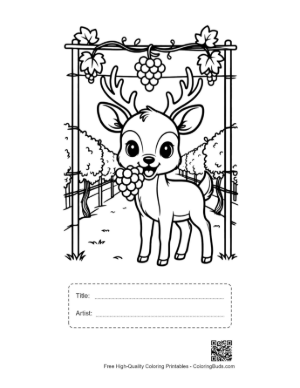 Thumbnail: Deer with Antlers Eating Grapes from a Garden Trellis Printable with Title and Artist Box