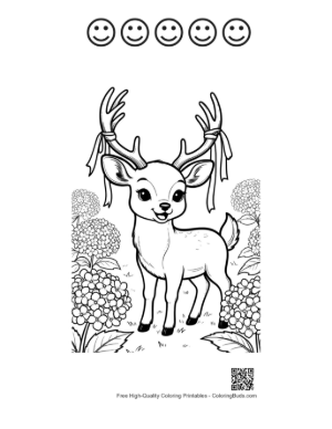 Thumbnail: Graceful Male Deer with Antlers in a Flower Meadow Printable and 5 Happy Face Outline
