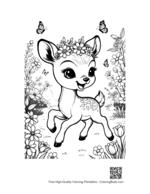 Thumbnail: Happy Fawn with Flowers and Fluttering Butterflies Printable