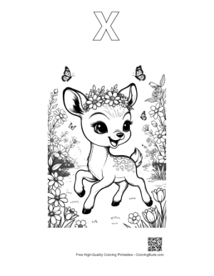 Thumbnail: Happy Fawn with Flowers and Fluttering Butterflies Printable Outline Alphabet X